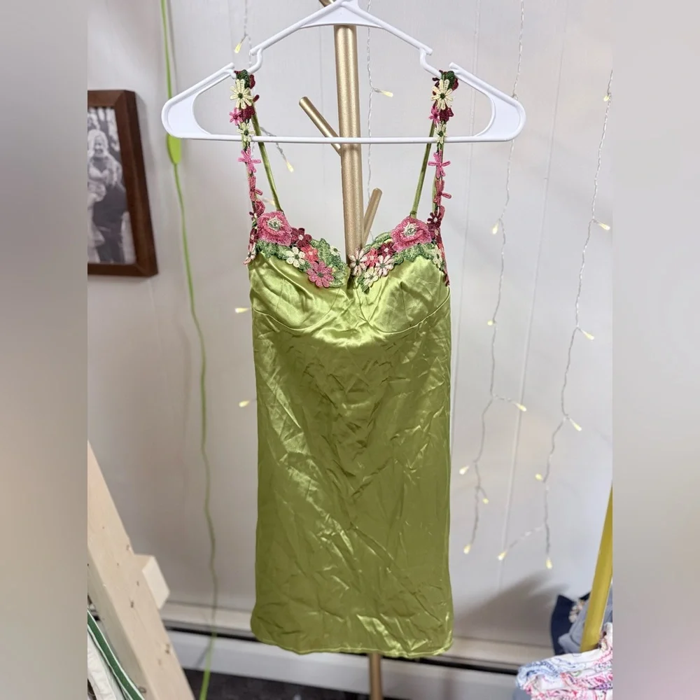 Commense Light Green Satin Slip Dress with Pink Floral Straps - Picture 2 of 3